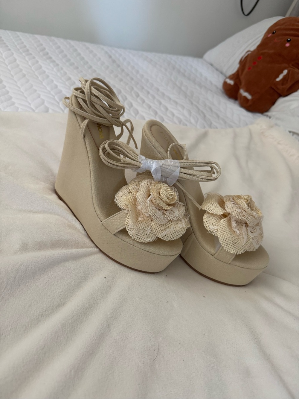 Fashion Nova Cream Lace Flower Platform Wedge Sandals